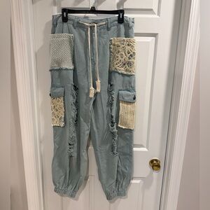 New NWOT POL Chambray Crochet Patches Distressed Jogger Pants Sz L